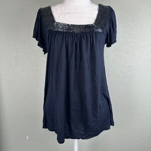 Matty M Blouse Women Size XS Navy Blue Beaded Square Neckline Flutter Sleeve